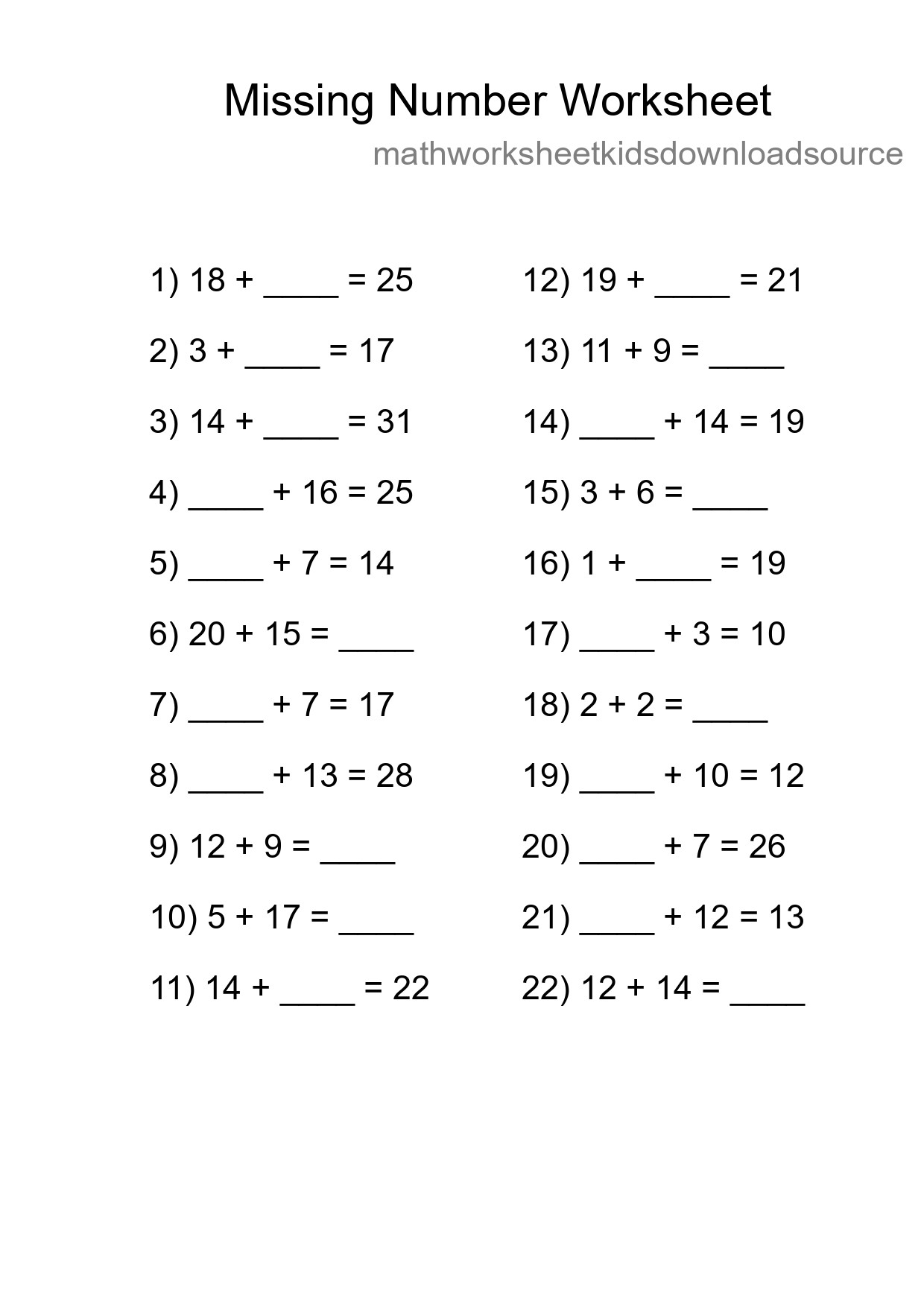 Missing Number Math Worksheet