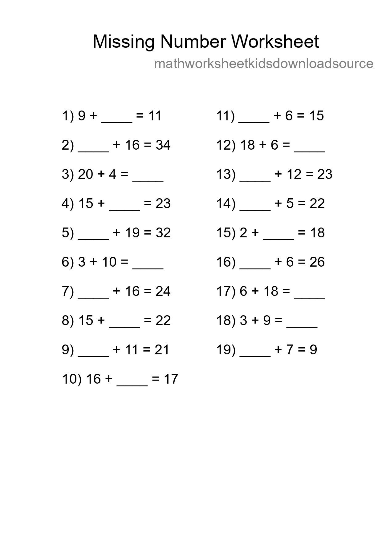 Missing Number Math Worksheet