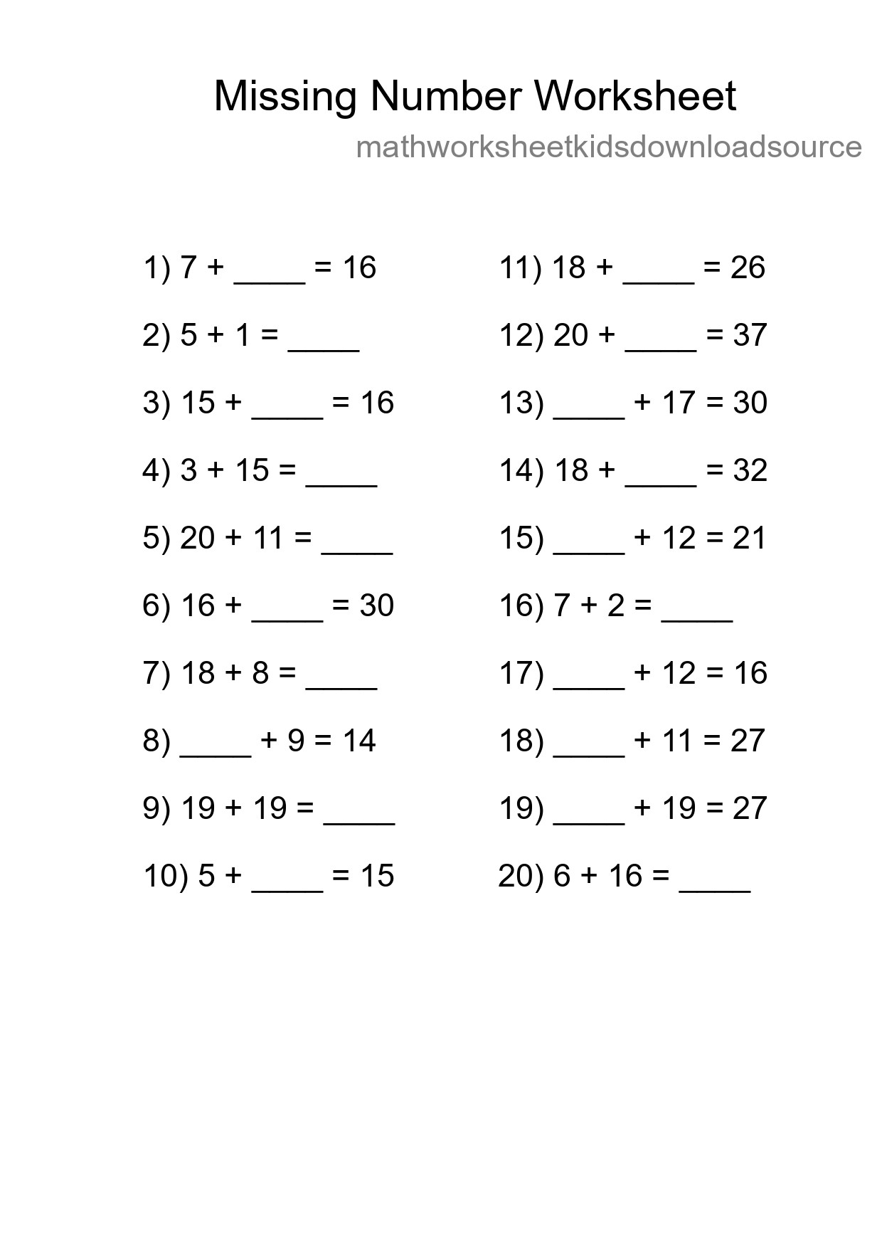 Missing Number Math Worksheet