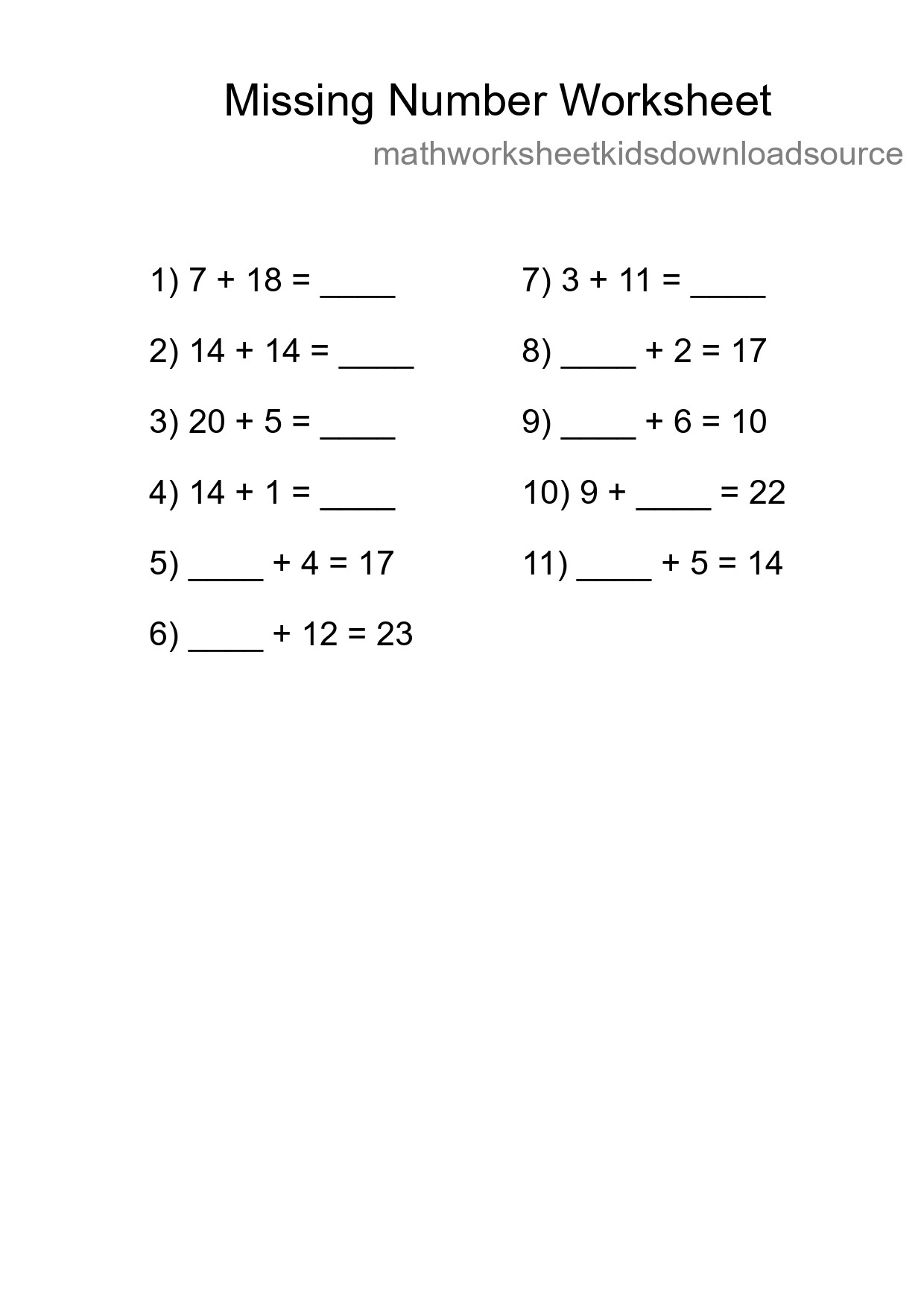 Missing Number Math Worksheet