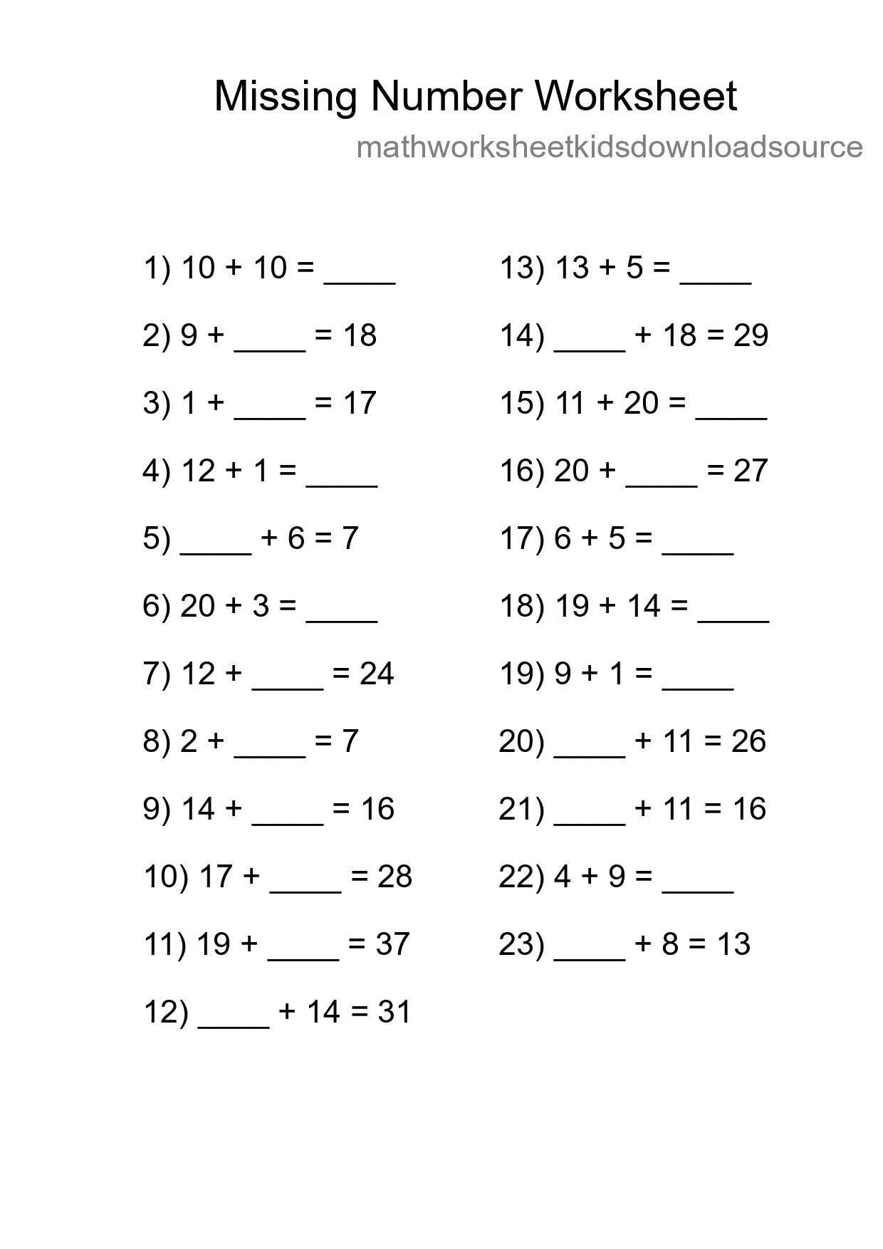 Missing Number Math Worksheet