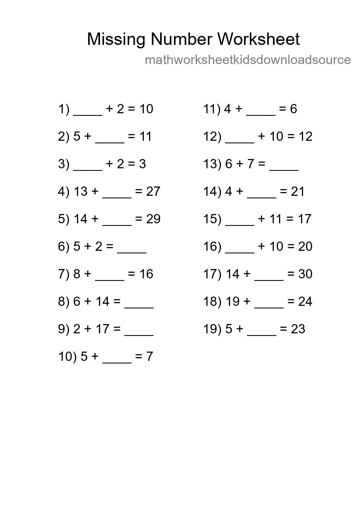 Missing Number Math Worksheet