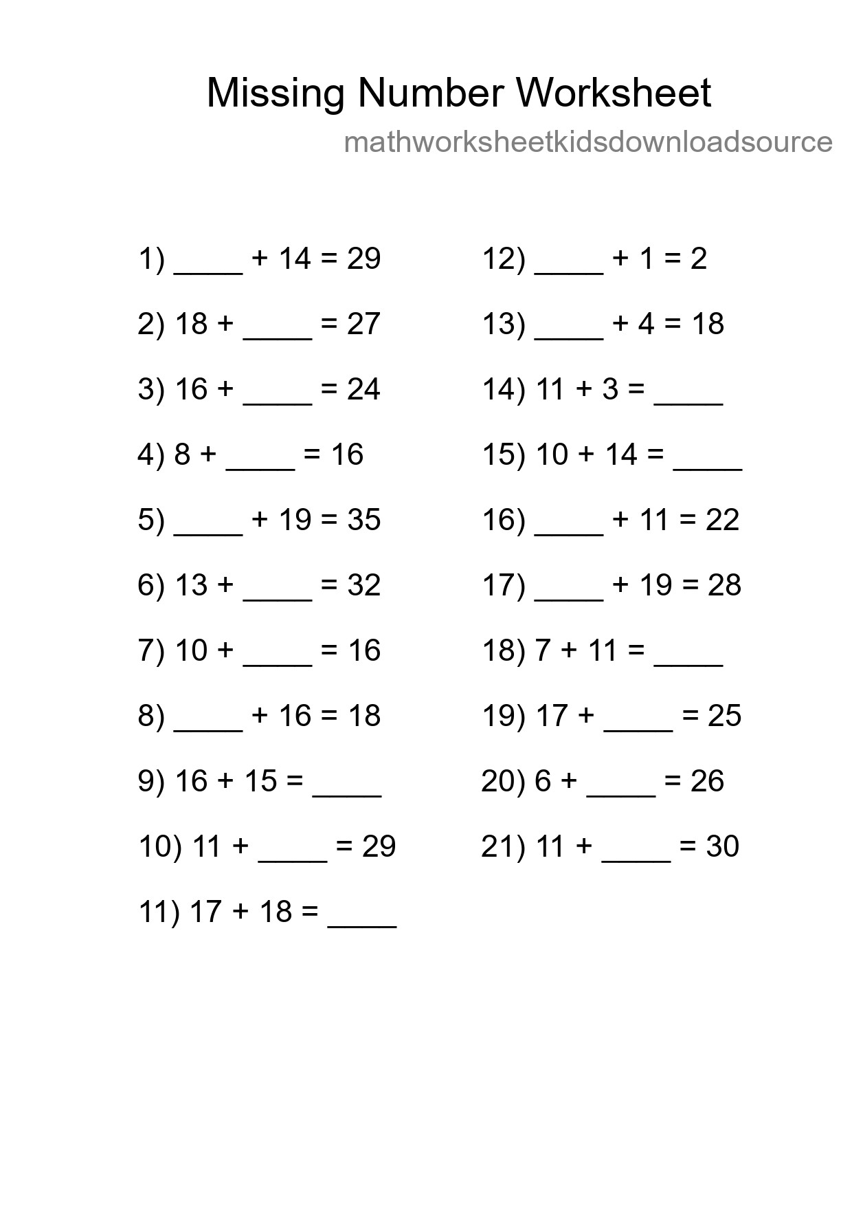 Missing Number Math Worksheet