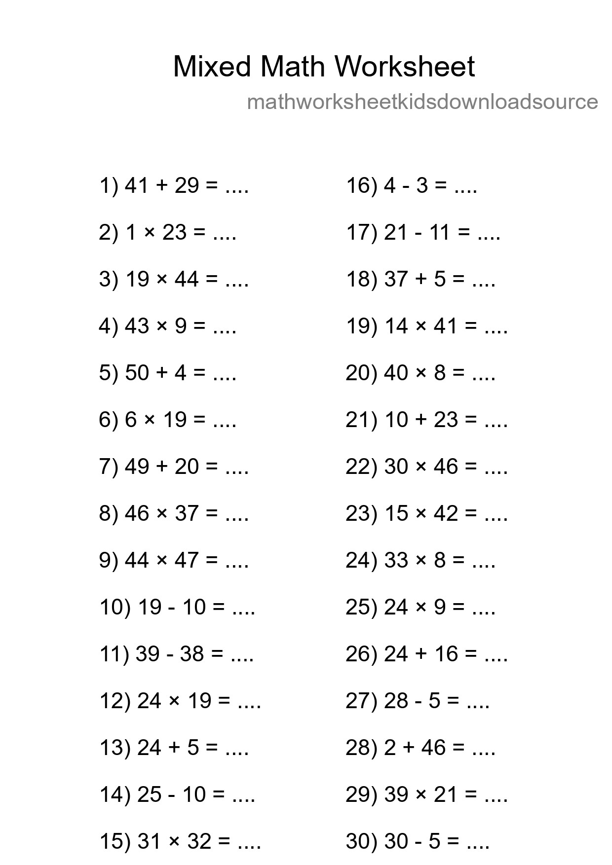Mixed Operations Math Worksheet