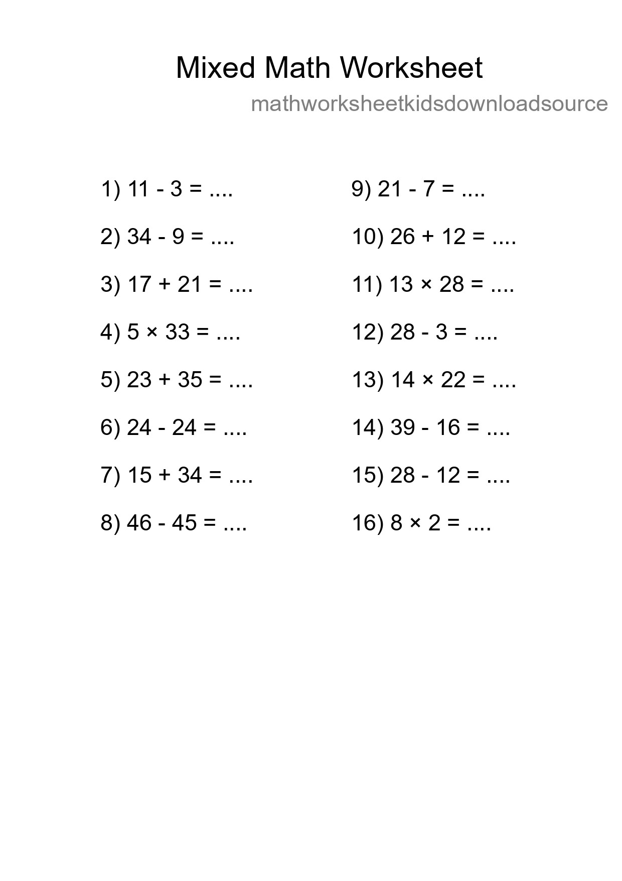 Mixed Operations Math Worksheet