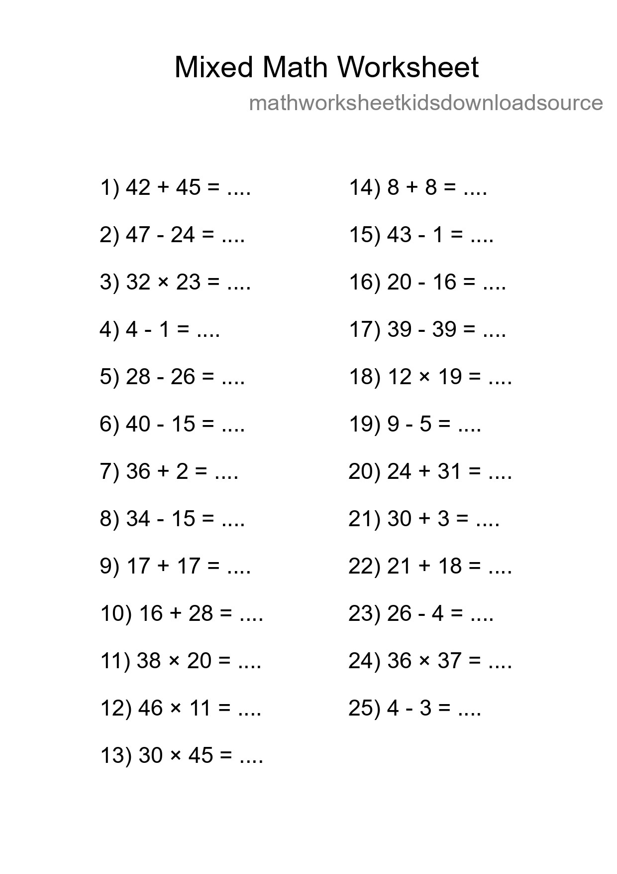 Mixed Operations Math Worksheet