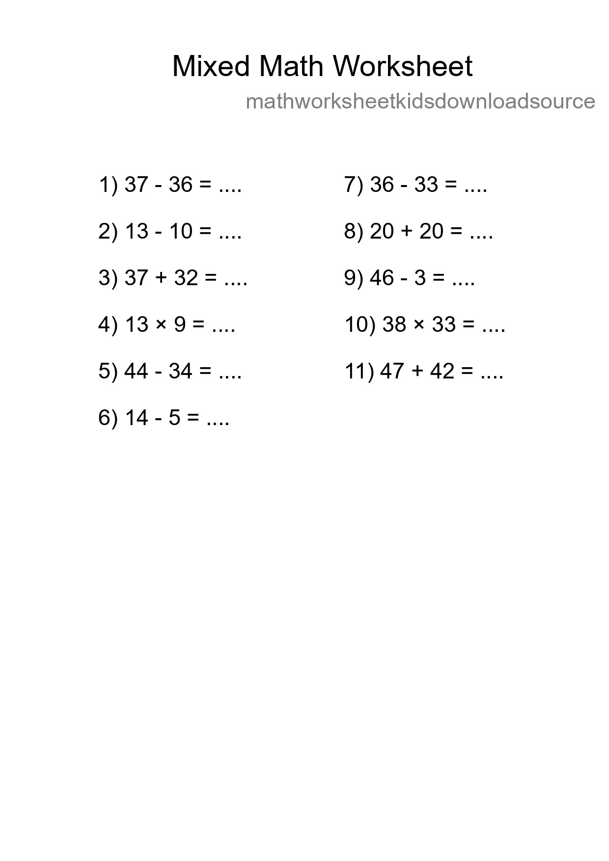 Mixed Operations Math Worksheet
