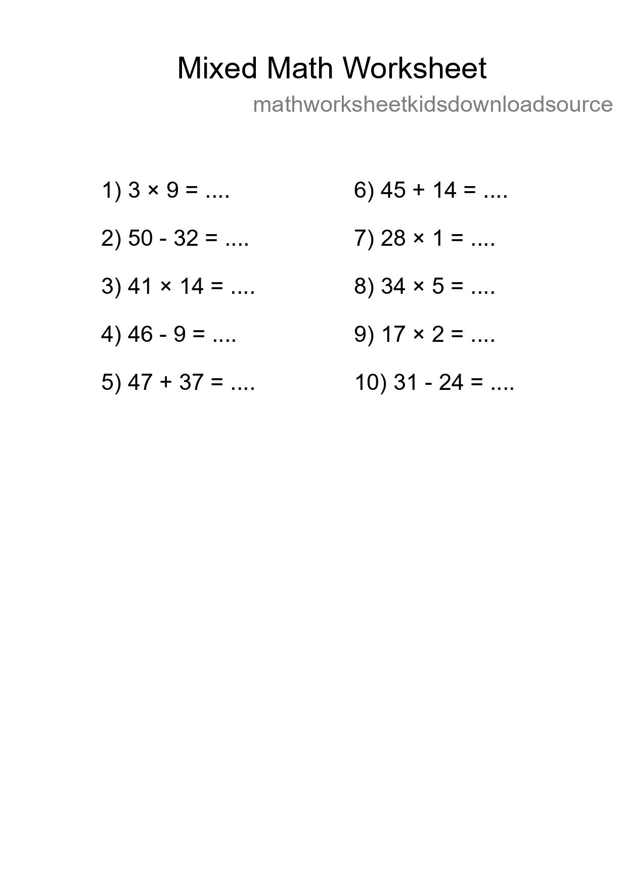 Mixed Operations Math Worksheet