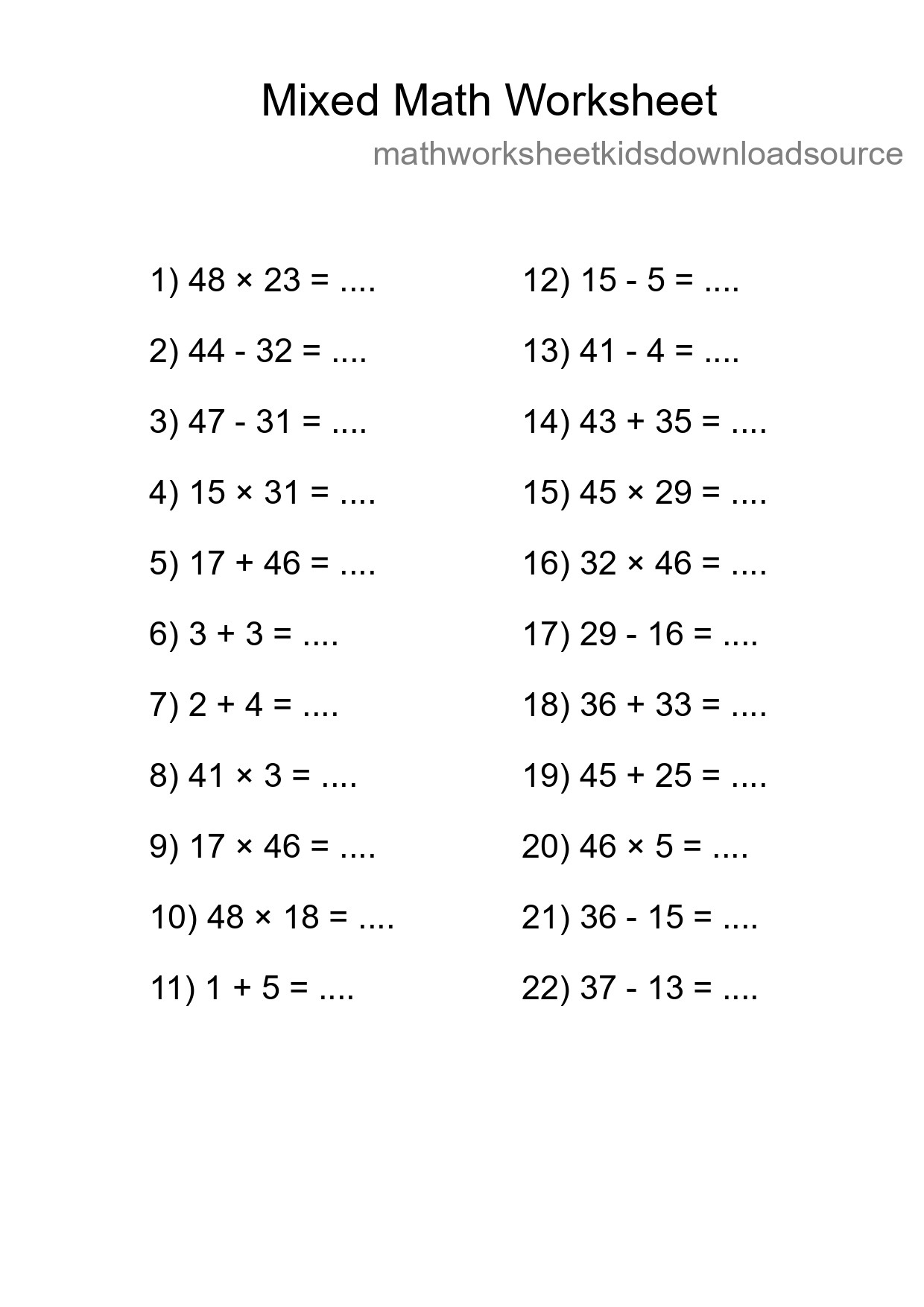 Mixed Operations Math Worksheet