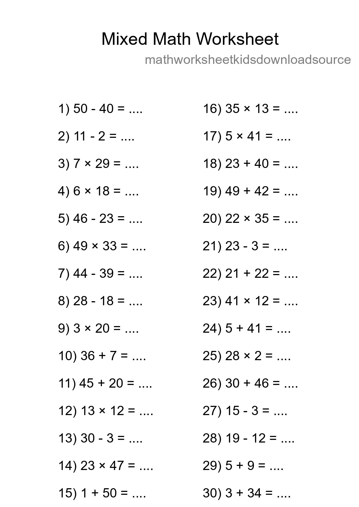 Mixed Operations Math Worksheet