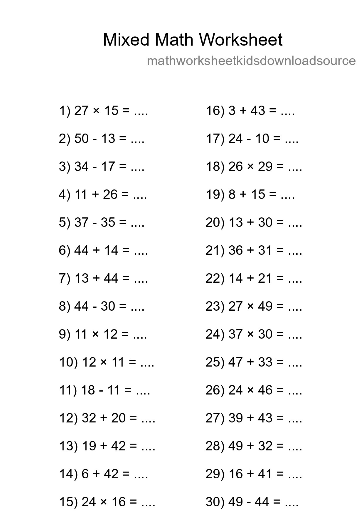 Mixed Operations Math Worksheet