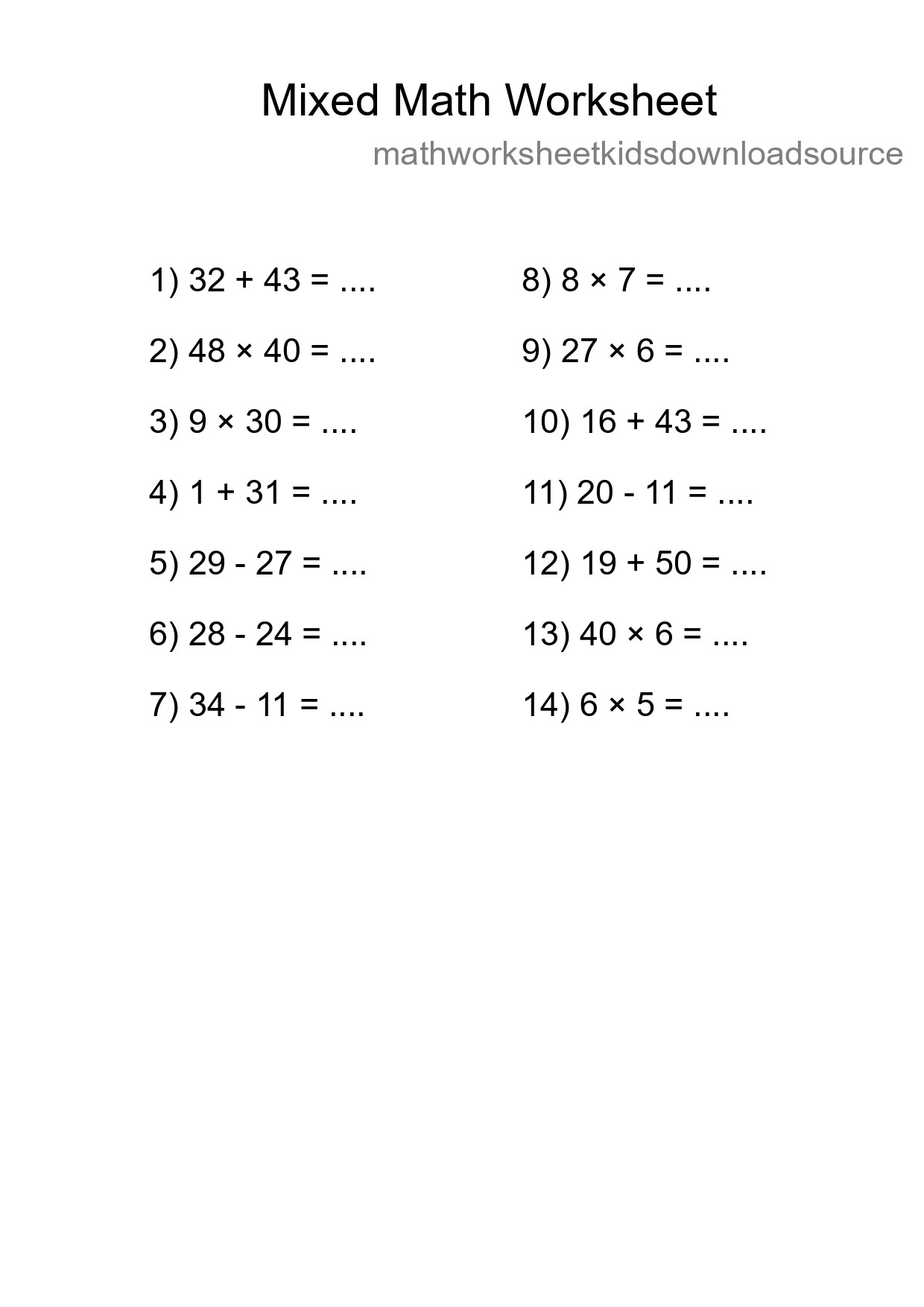 Mixed Operations Math Worksheet