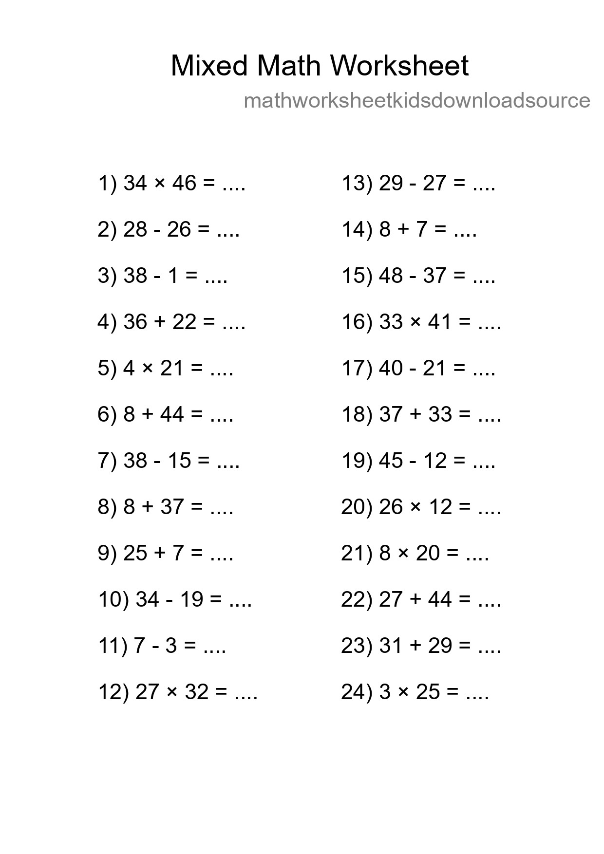 Mixed Operations Math Worksheet