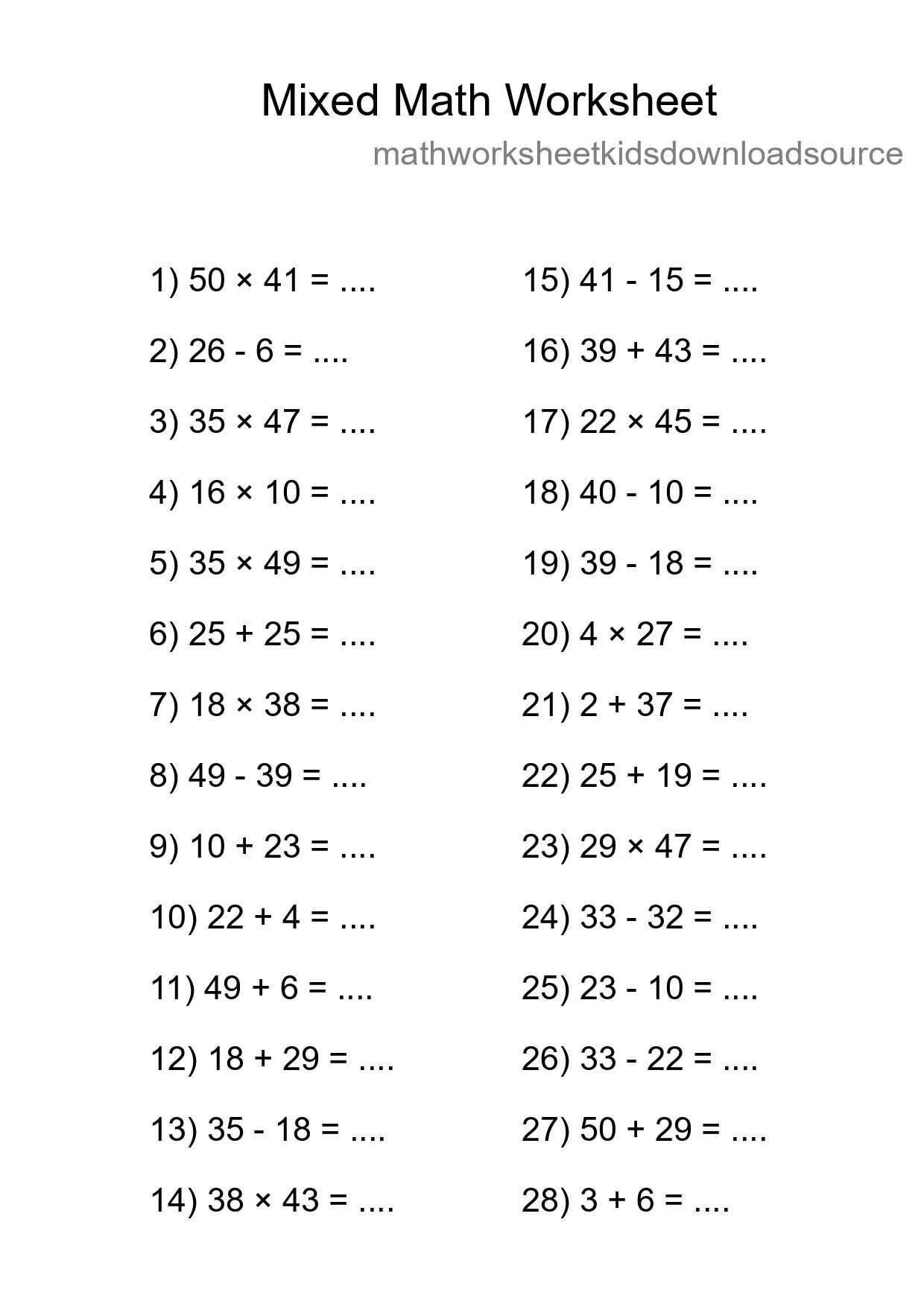 Mixed Operations Math Worksheet