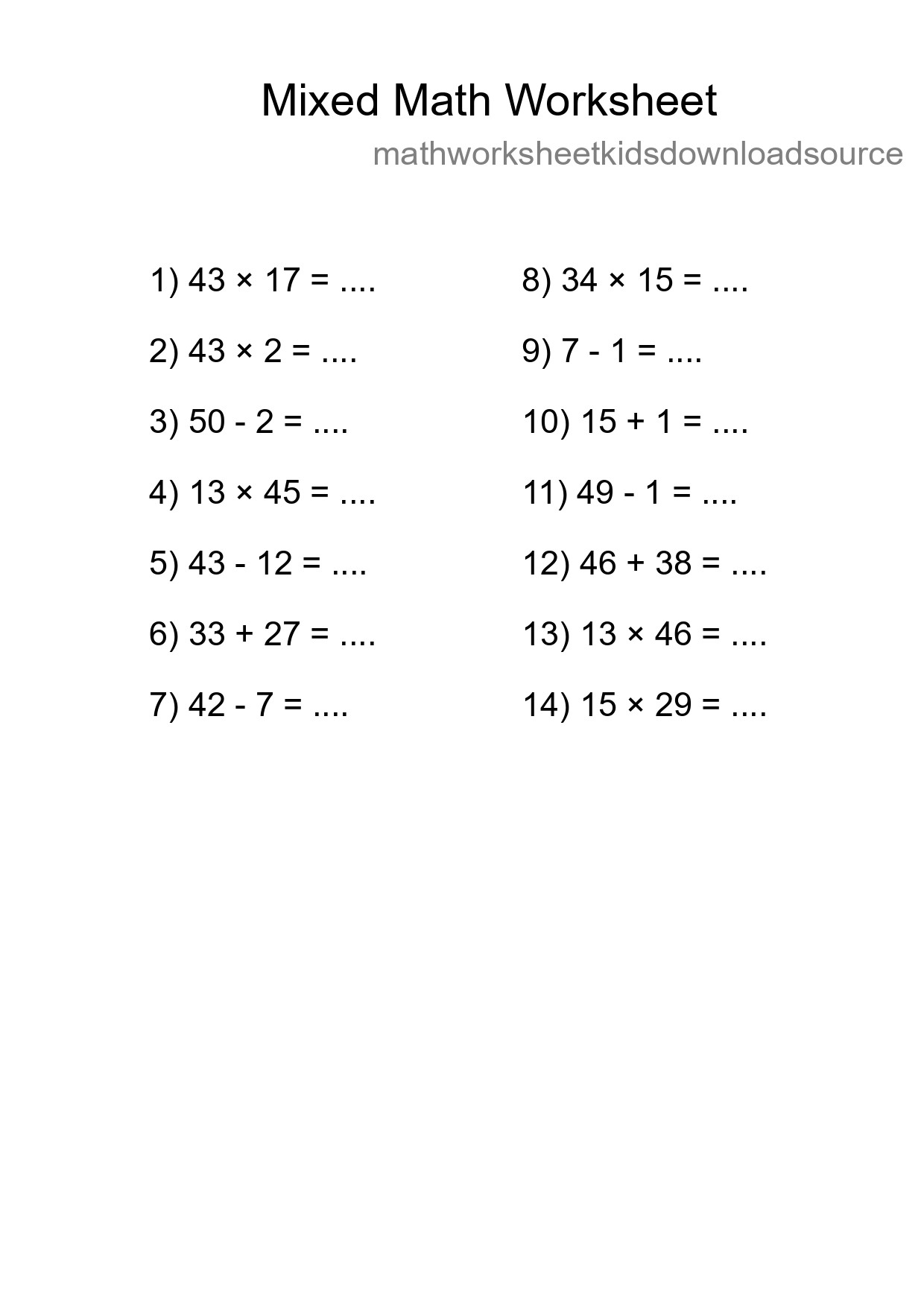 Mixed Operations Math Worksheet