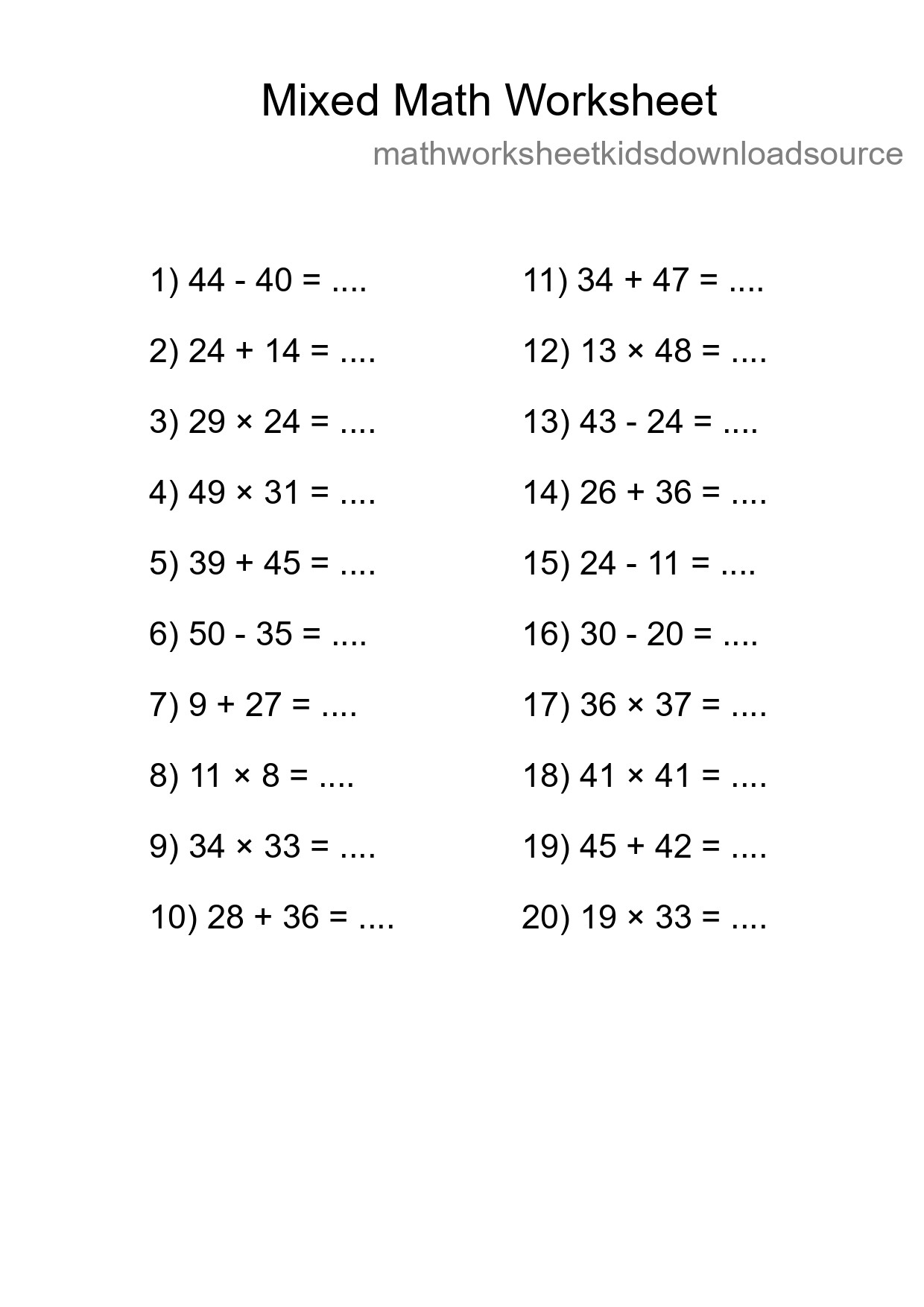Mixed Operations Math Worksheet