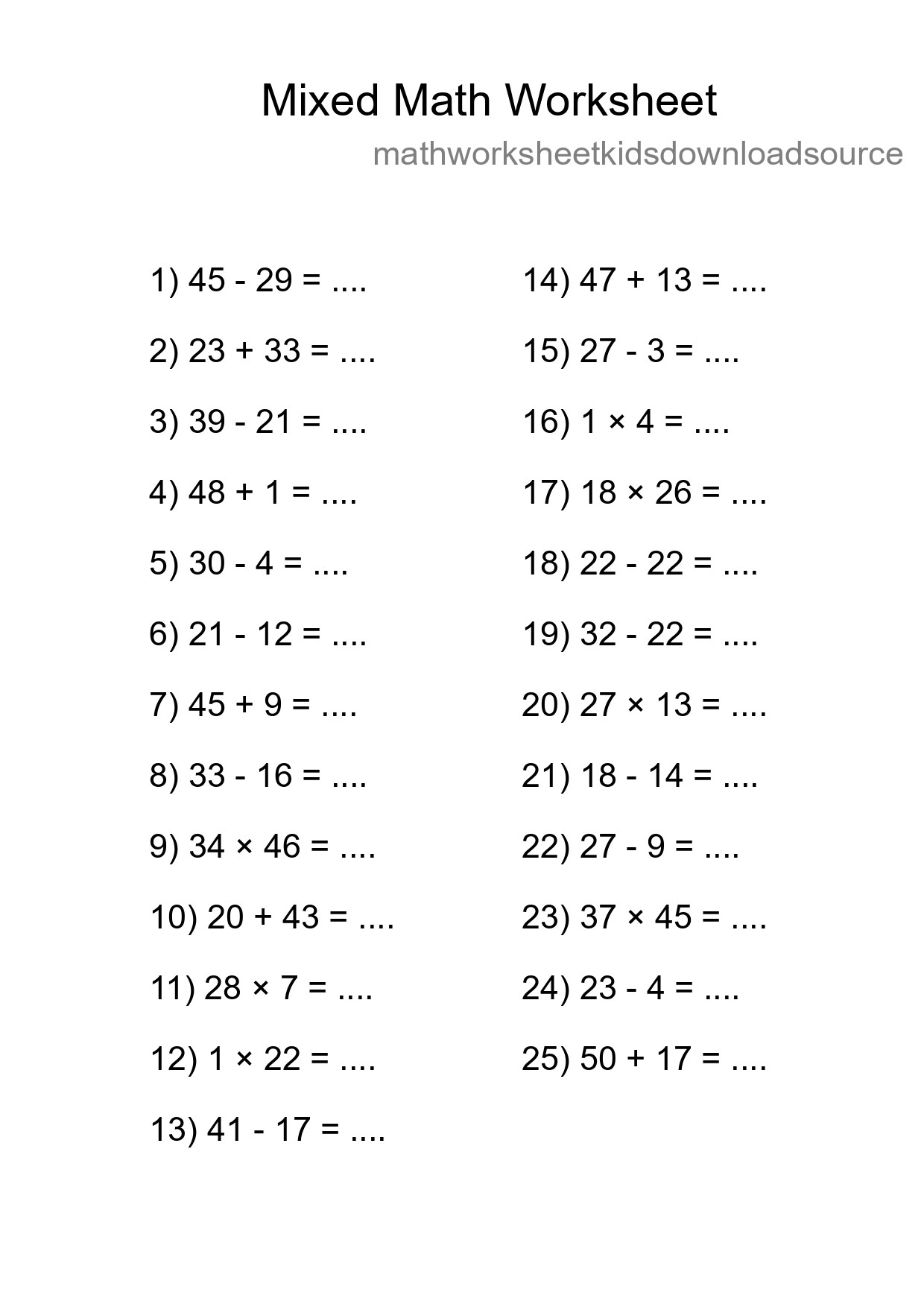 Mixed Operations Math Worksheet