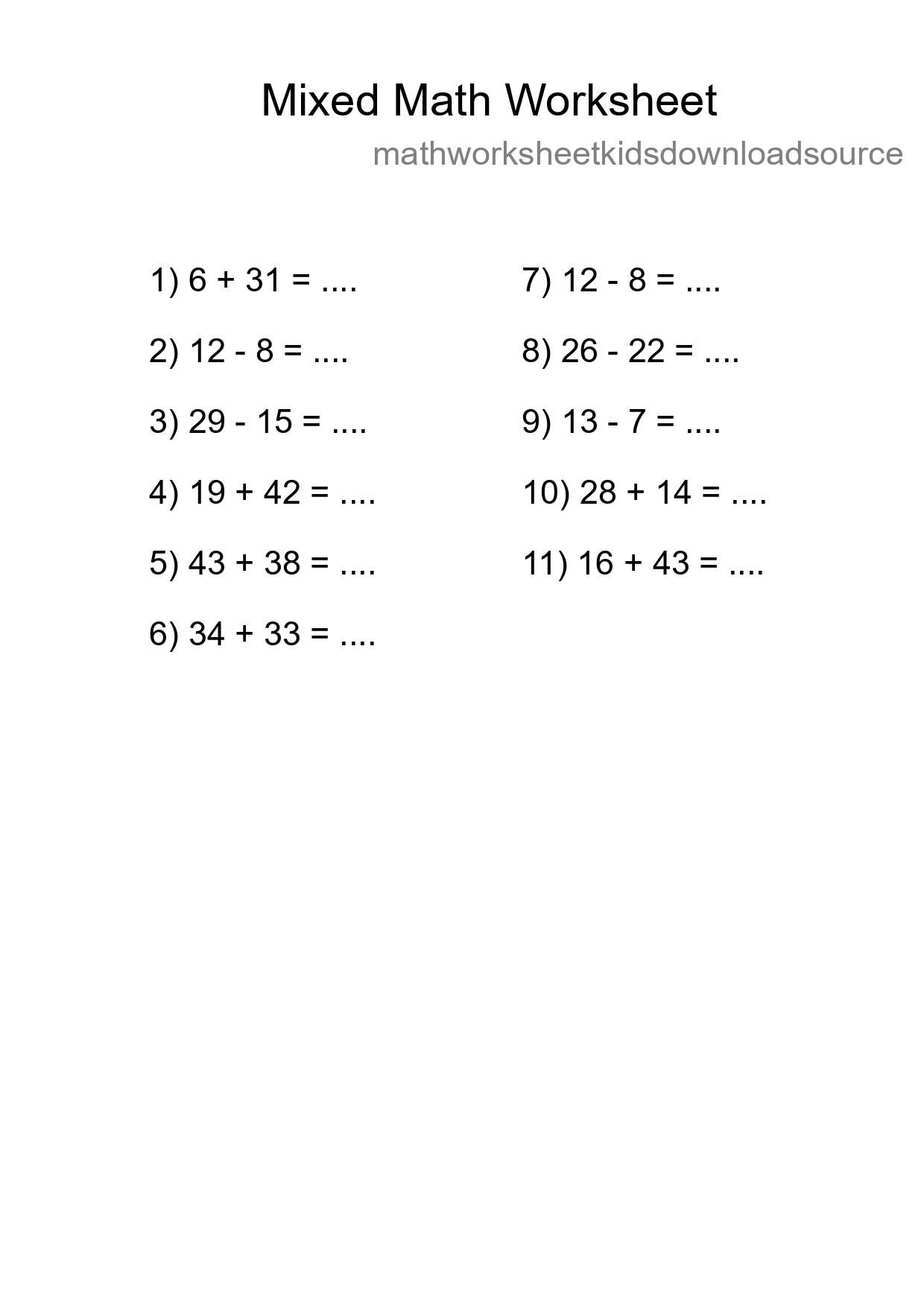Mixed Operations Math Worksheet