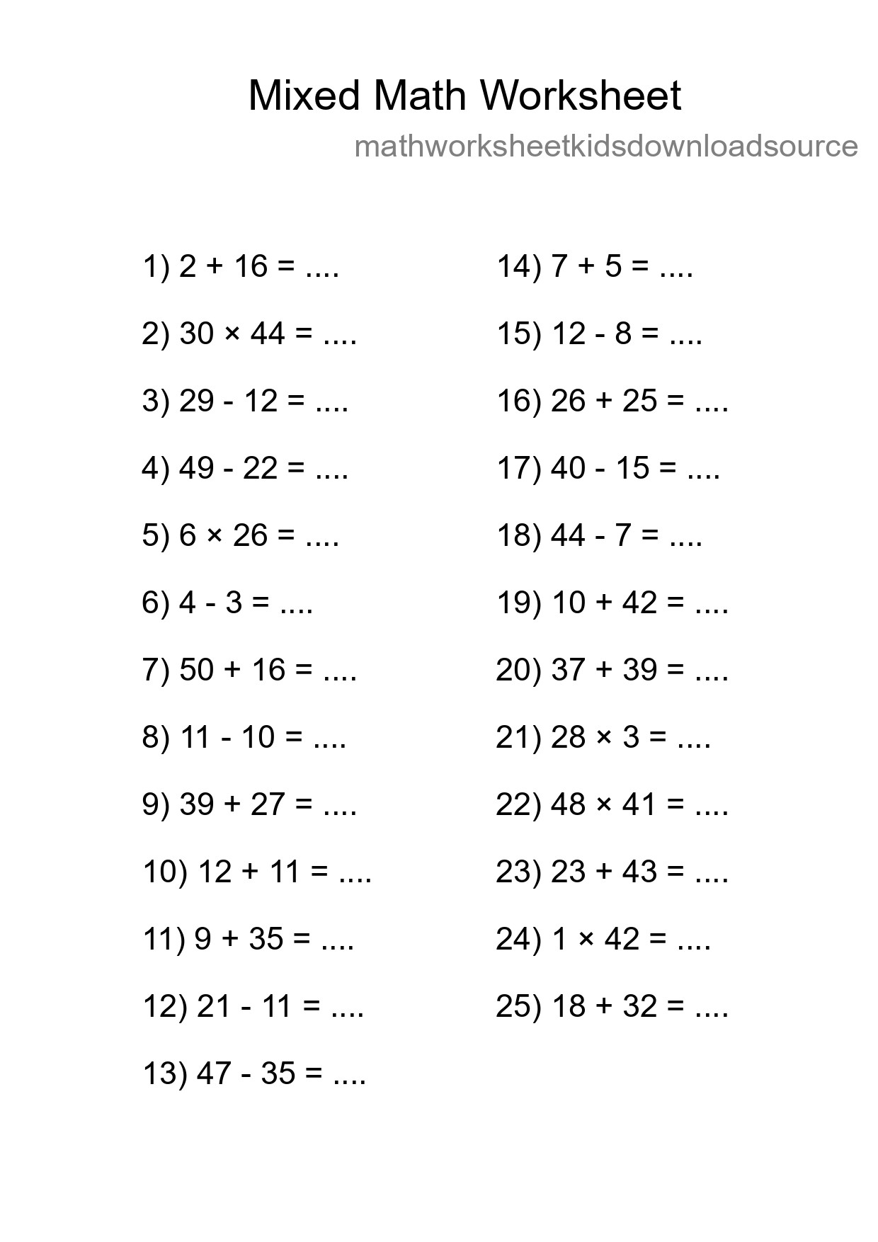 Mixed Operations Math Worksheet