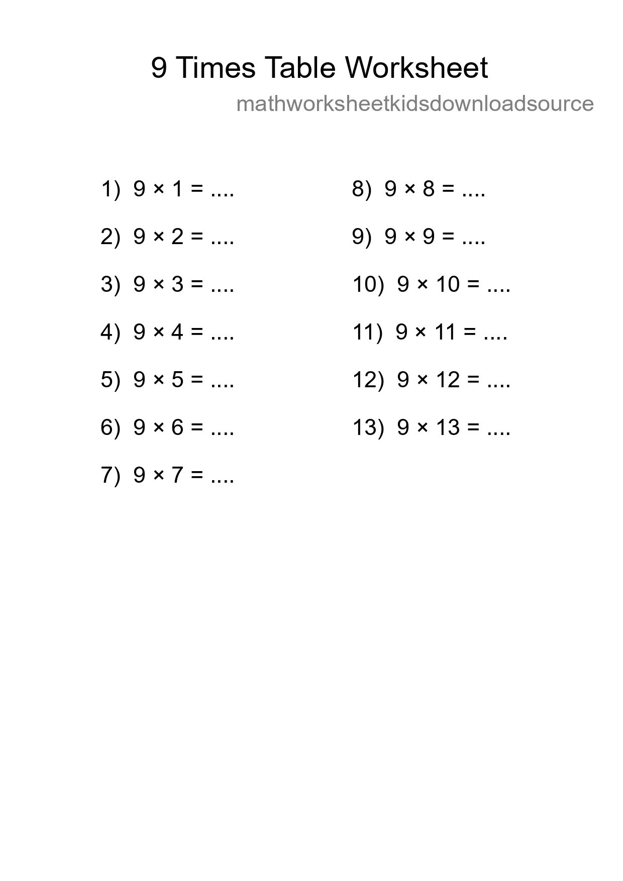 Printable 9 Times Table Worksheet For Grade 3 - Part 185