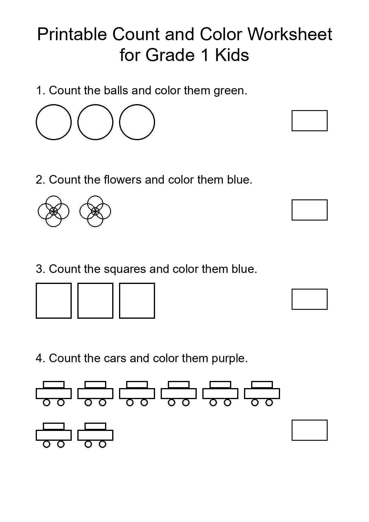 Printable Count and Color Worksheet for Grade 1 Kids