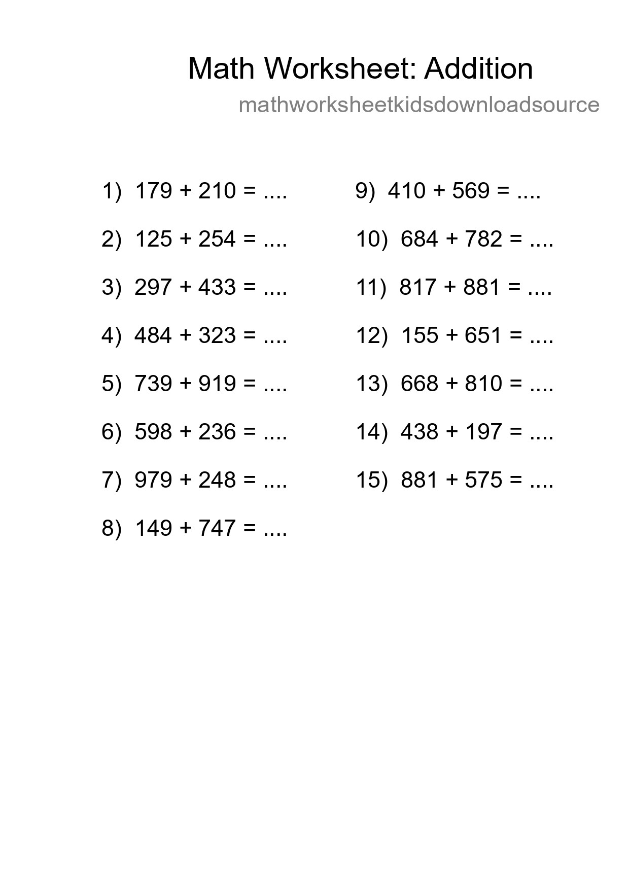 Printable Free 15 Addition Math Worksheet For Grade 5 - Part 221