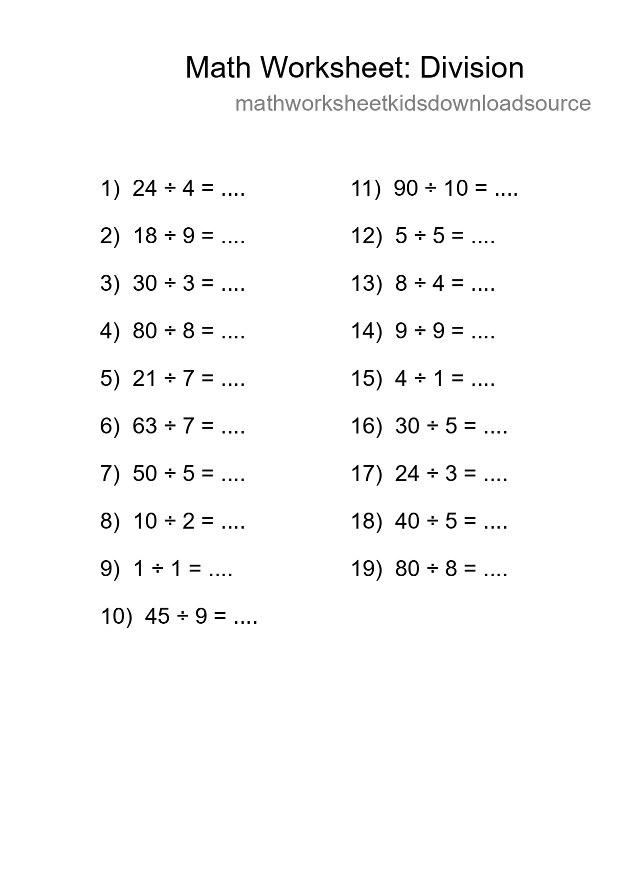 Printable Free 19 Division Math Worksheet For Grade 1 - Part 158