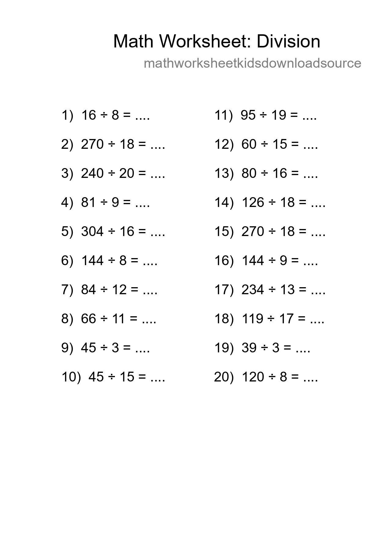 Printable Free 20 Division Math Worksheet For Grade 2 - Part 202