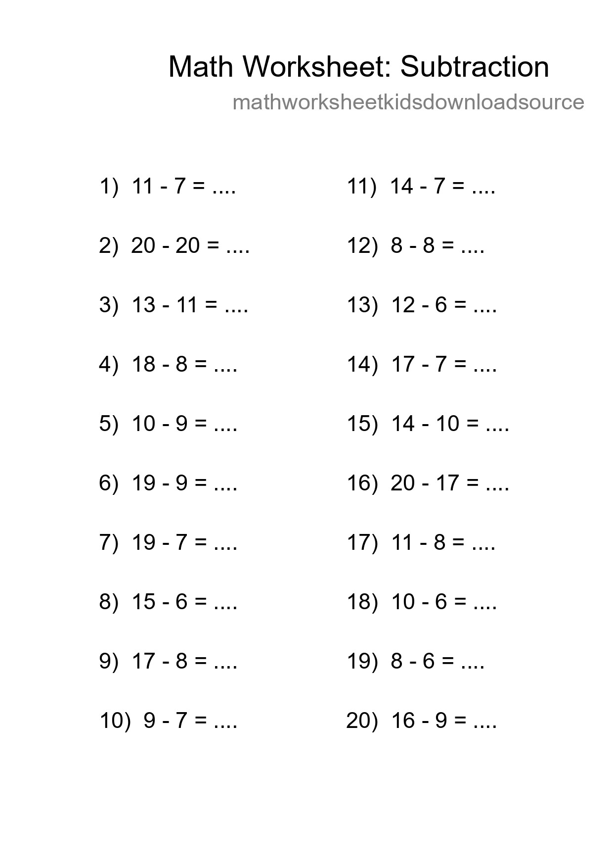 Printable Free 20 Subtraction Math Worksheet For Grade 2 - Part 19