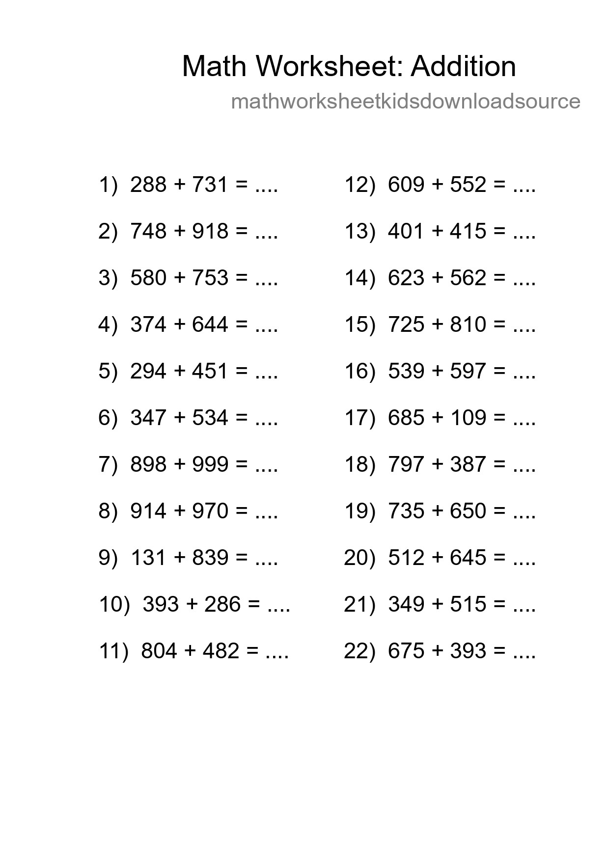Printable Free 22 Addition Math Worksheet For Grade 5 - Part 144