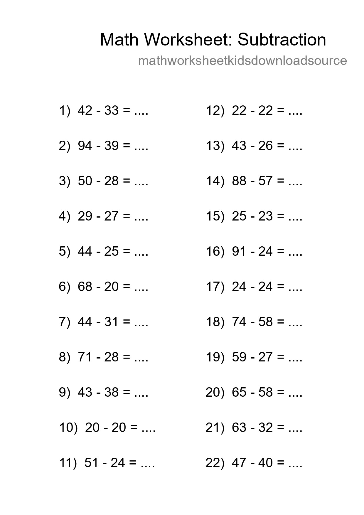 Printable Free 22 Subtraction Math Worksheet For Grade 3 - Part 250