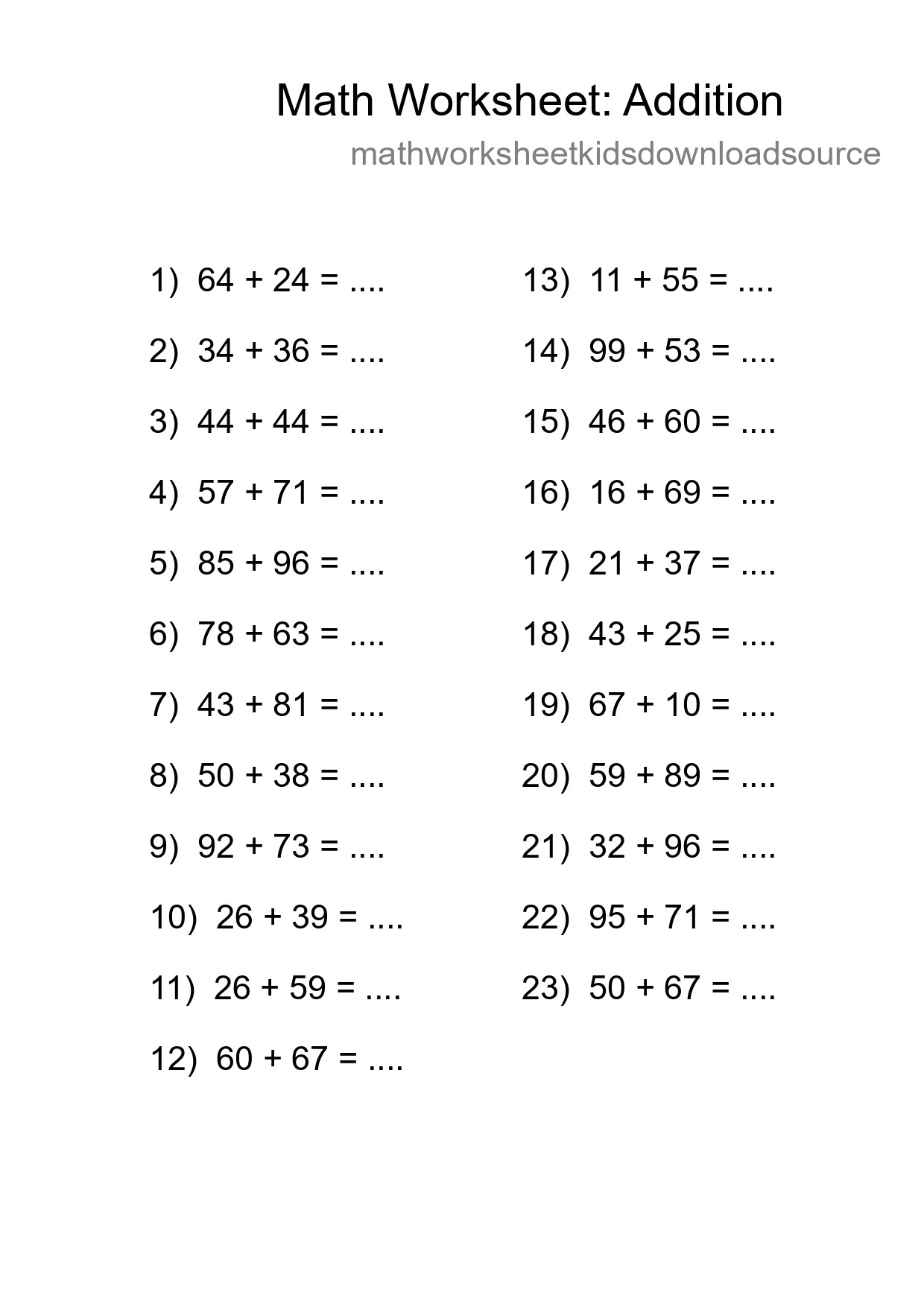 Printable Free 23 Addition Math Worksheet For Grade 3 - Part 177