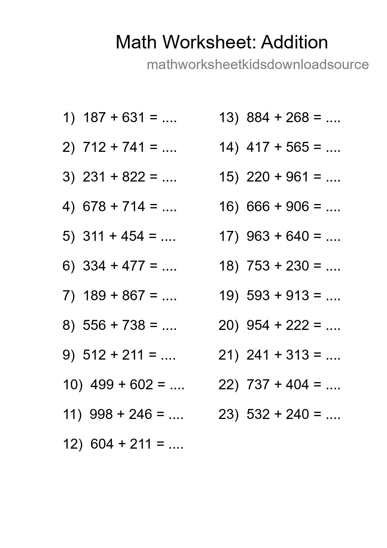 Printable Free 23 Addition Math Worksheet For Grade 5 - Part 12